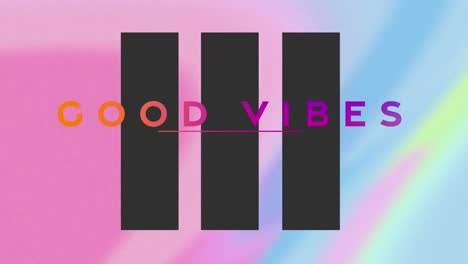 animación de texto buenas vibraciones, en naranja y púrpura, sobre remolino pastel rosa, amarillo y azul