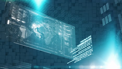 punto de luz e interfaz digital con procesamiento de datos contra un fondo azul de textura cuadrada