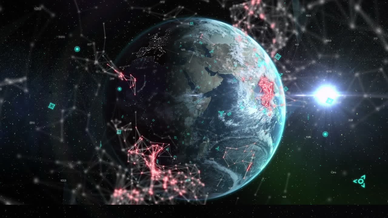 밝은 빛으로 회전하는 지구상에서 웹 연결과 함께 qr 코드의 애니메이션