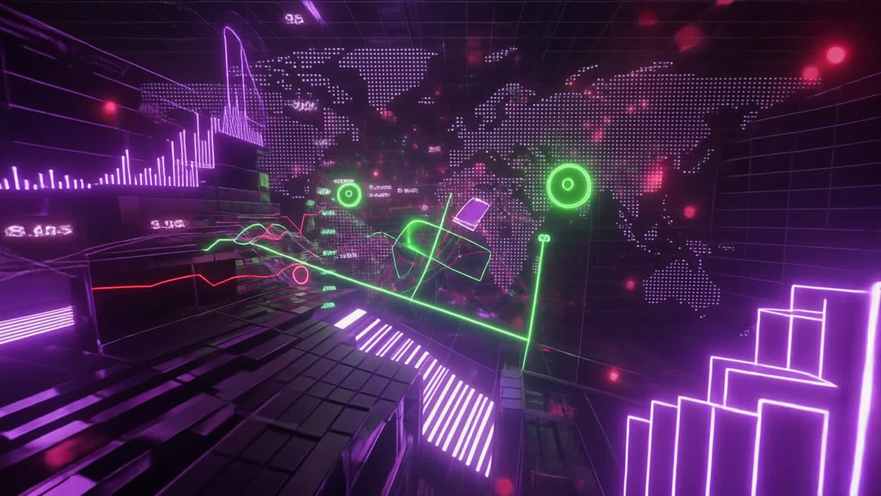 Dynamische globale Datenanalyse mit Neongrafiken und Weltkarte