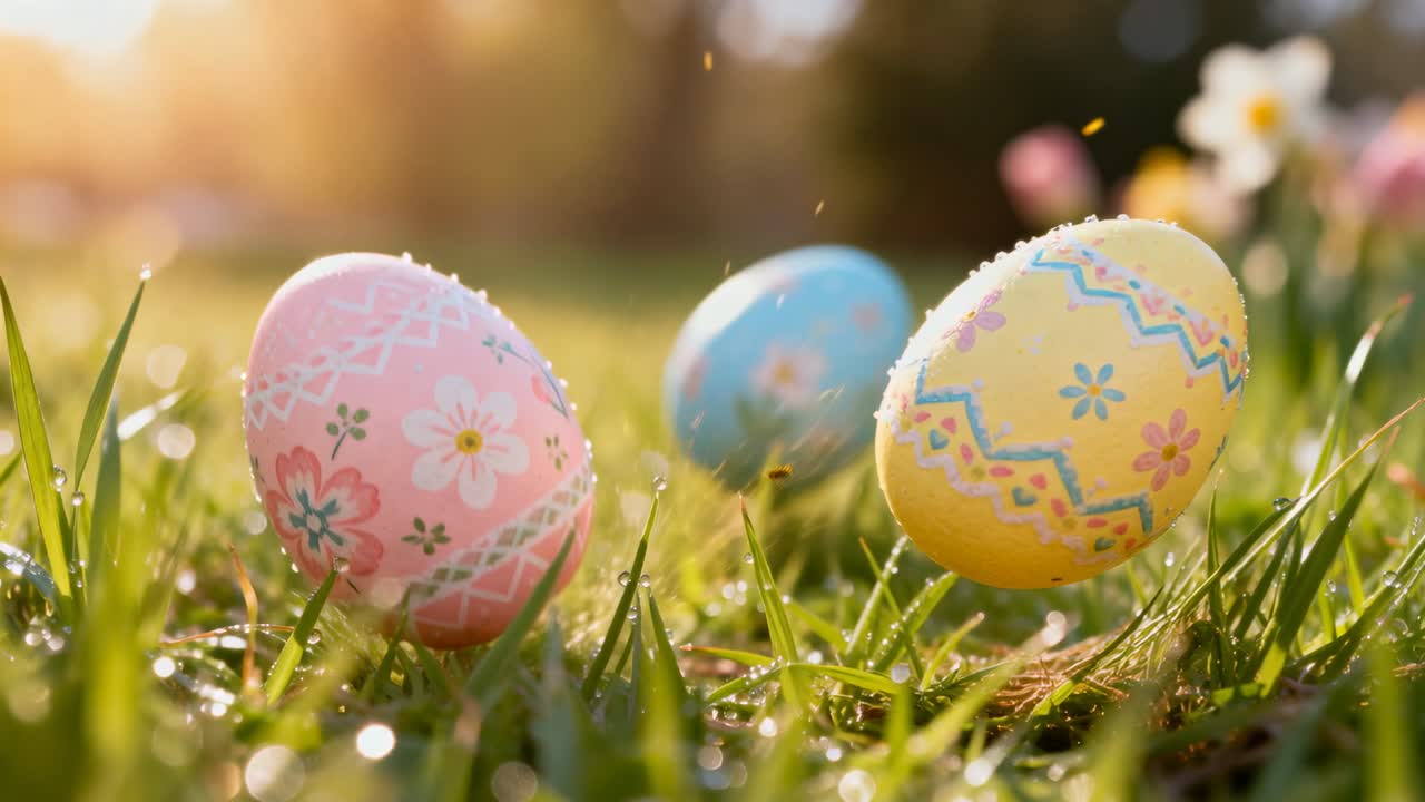 Tre uova decorate che ondeggiano, si inclinano e scivolano nell'erba rugiadosa all'ora d'oro, mentre le particelle si spostano.