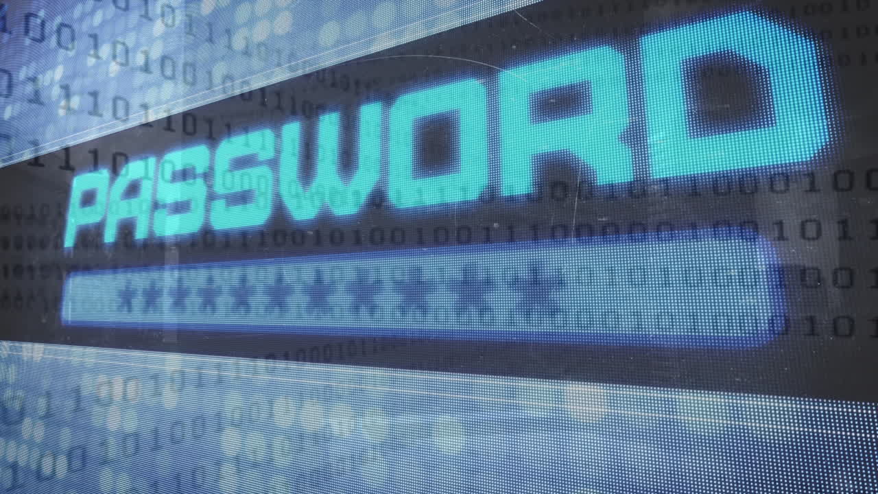 animación del texto de la contraseña y procesamiento de datos de codificación binaria sobre fondo azul