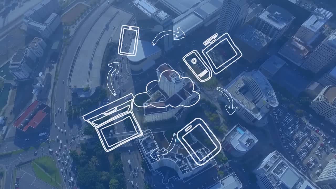 Animation of digital icons and cloud over cityscape