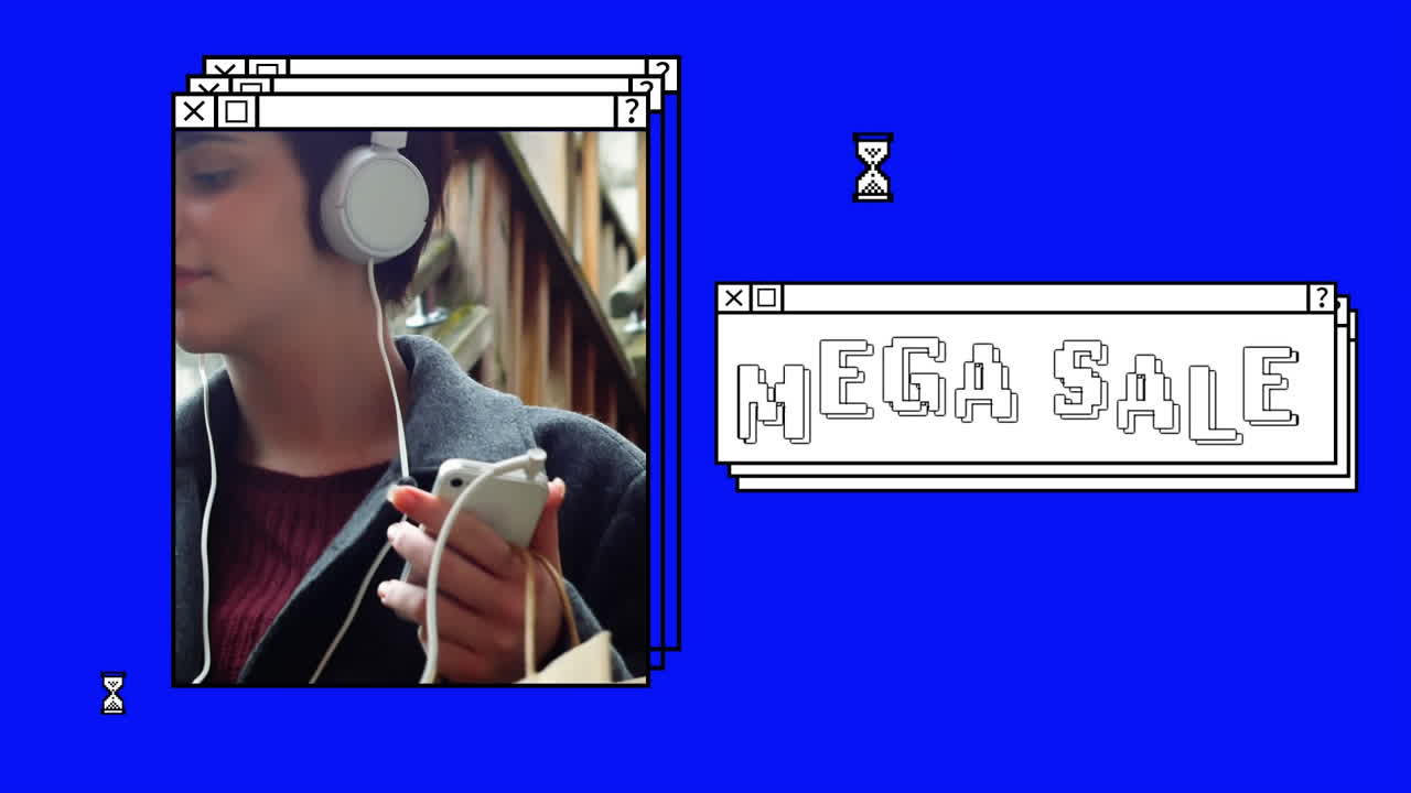 스마트폰과 쇼핑 가방을 들고 있는 여성과 함께 쌓인 창문에서 메가 판매 텍스트의 애니메이션