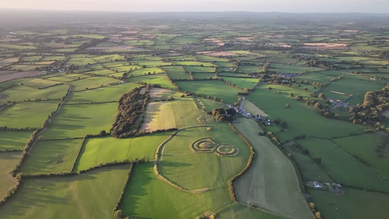 Scenic aerial landscape of Ireland. Hill of Tara ancient monument and green fields