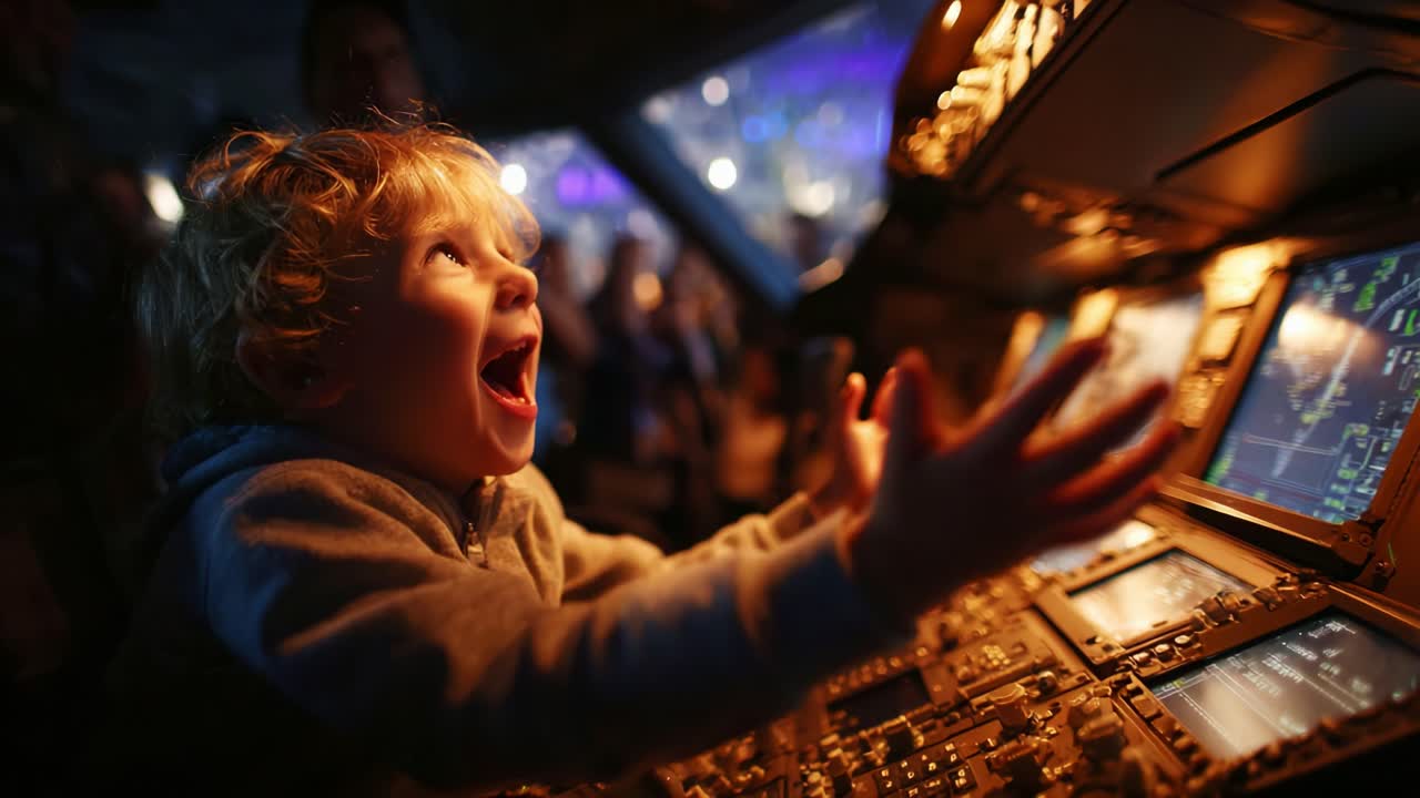 Amazed Child in Cockpit: A Young Enthusiast's Reaction to the Bright Lights and Controls of a Flight Simulator, Fully Engrossed in the Aviation Experience and Adventure