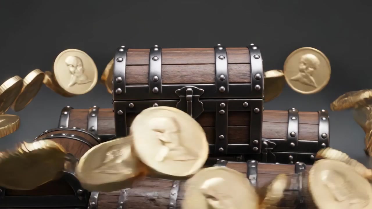 Un baule del tesoro in legno è posizionato in studio mentre monete d'oro che girano appaiono e rivelano il baule.