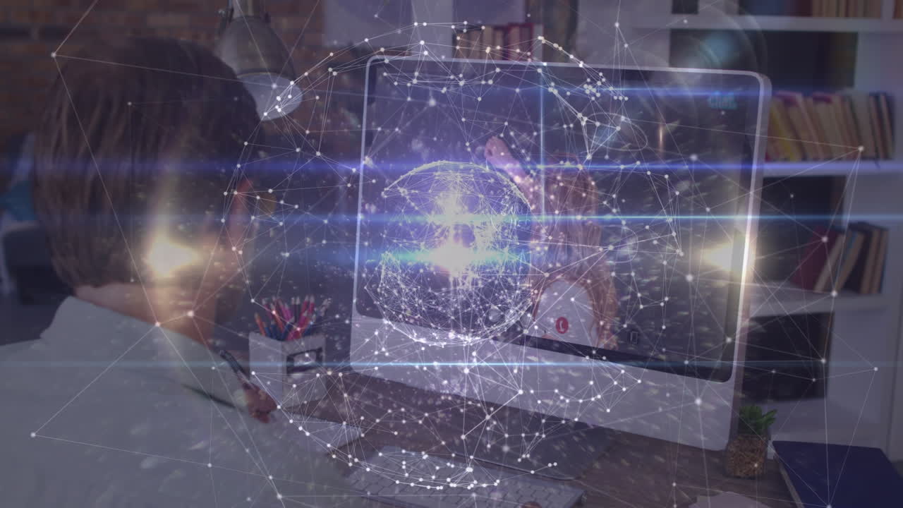 animación de conexiones con el globo sobre estudiante caucásico masculino teniendo conferencia en línea