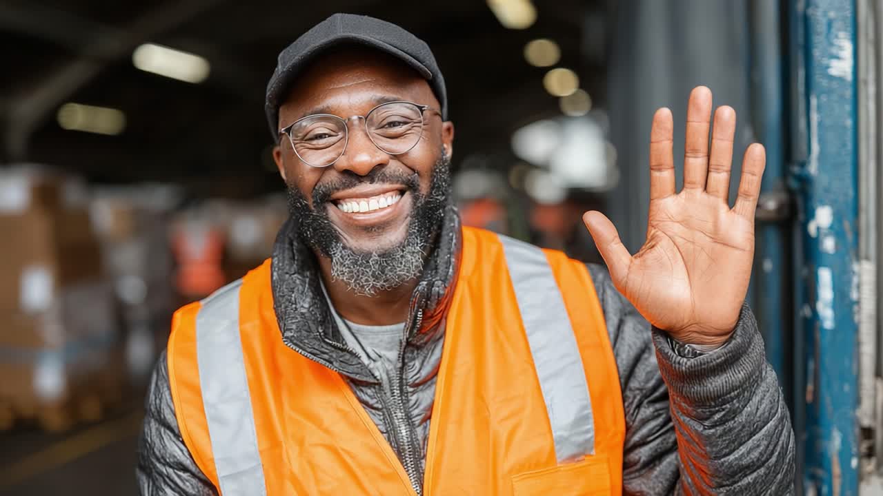 Friendly Warehouse Worker in Safety Vest Waves Happily at Camera, Showcasing a Positive Work Environment Filled with Efficient Operations