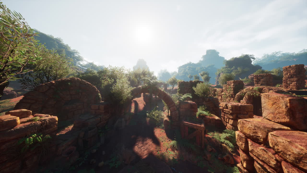 낮에는 울창한 초록색으로 둘러싸인 빛에 목욕하는 고대 유적