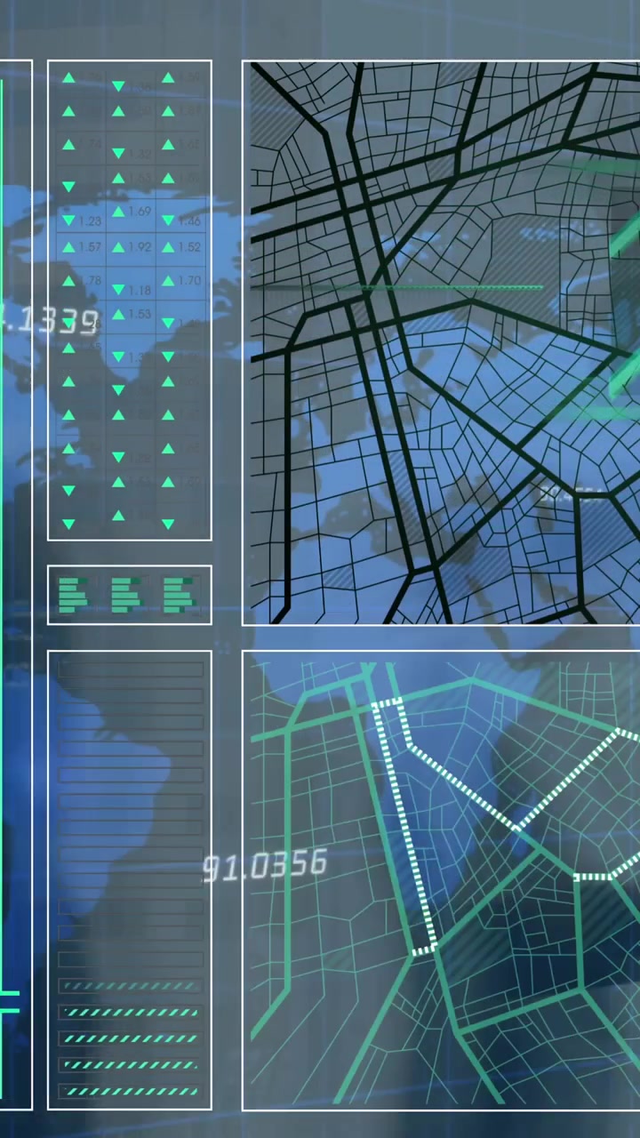 Animation of interface with data processing over world map against time-lapse of people walking