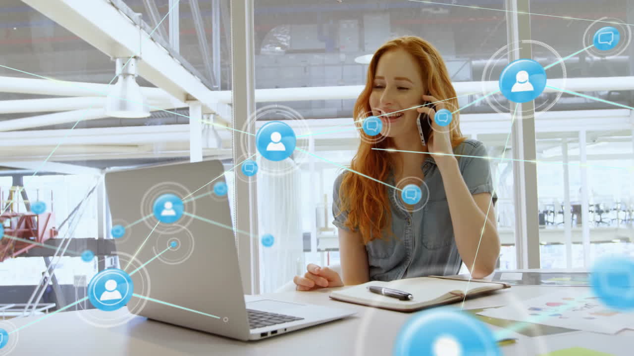 Network of connections and data processing animation over woman working in office