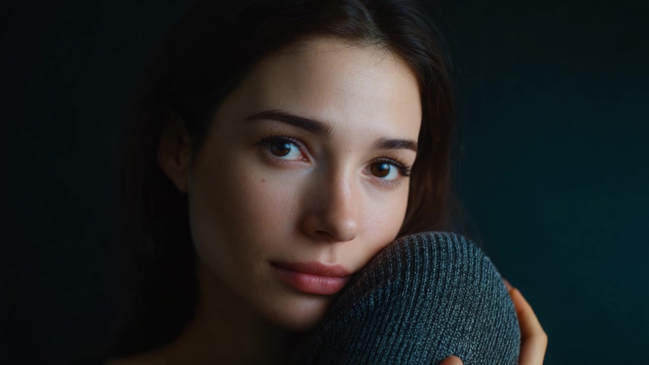 Un ritratto sereno in primo piano che cattura l'essenza della contemplazione e della vulnerabilità attraverso espressioni intime e un'illuminazione soffusa, mettendo in risalto la bellezza naturale e l'emozione.