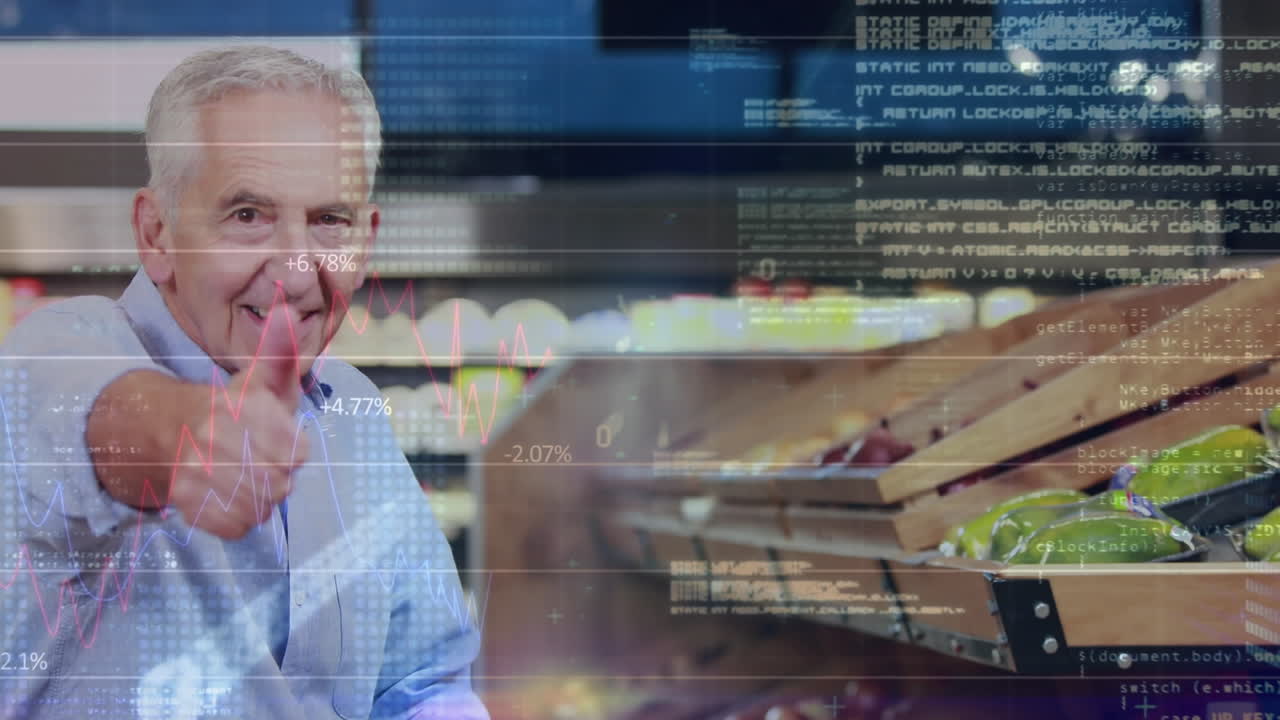 상점에 있는 고위 백인 남성에 대한 데이터 처리 애니메이션