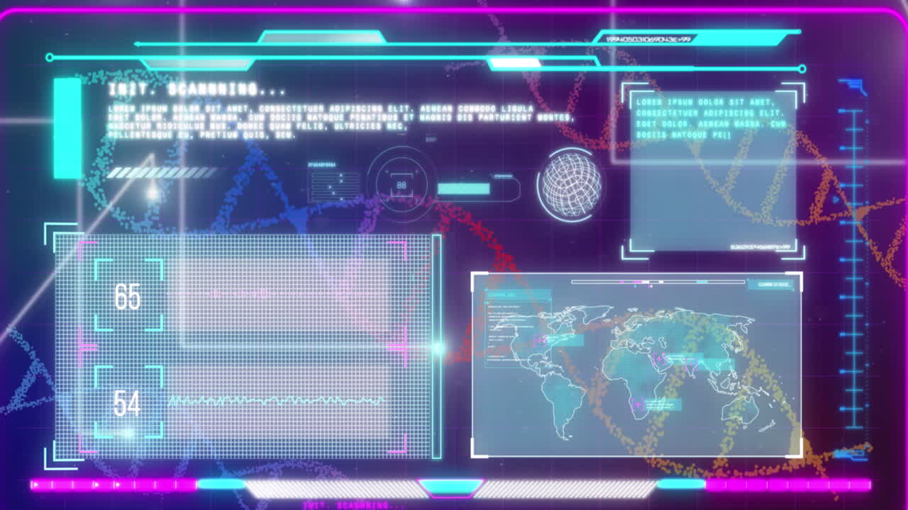 Animation of dna strands over data processing on black background