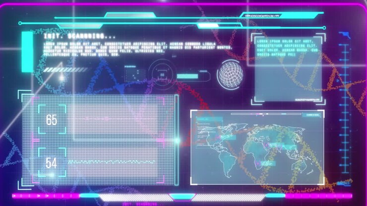 Animation of dna strands over data processing on black background