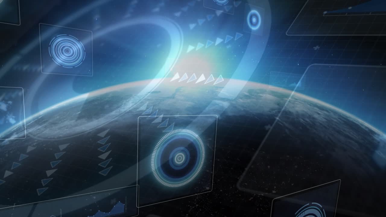 Planet limb showing clouds, sun rising causing HUD nodes moving camera panning showing orbit data