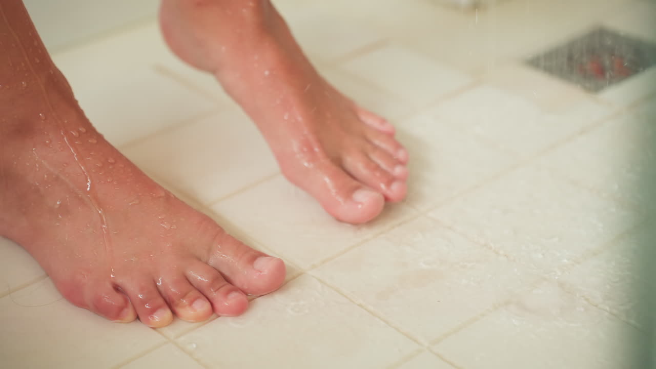 Azulejo de ducha de hotel con pies húmedos, huésped cambiando de peso junto al desagüe, gotas de agua en la piel, primer plano de los dedos de los pies sobre cerámica texturizada, refresco post-viaje y rutina matutina enérgica, ambiente de hospitalidad.