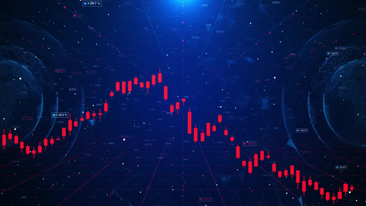 Sfondo grafico di trading finanziario con candele rosse, forme di globo digitale, punti dati e blu