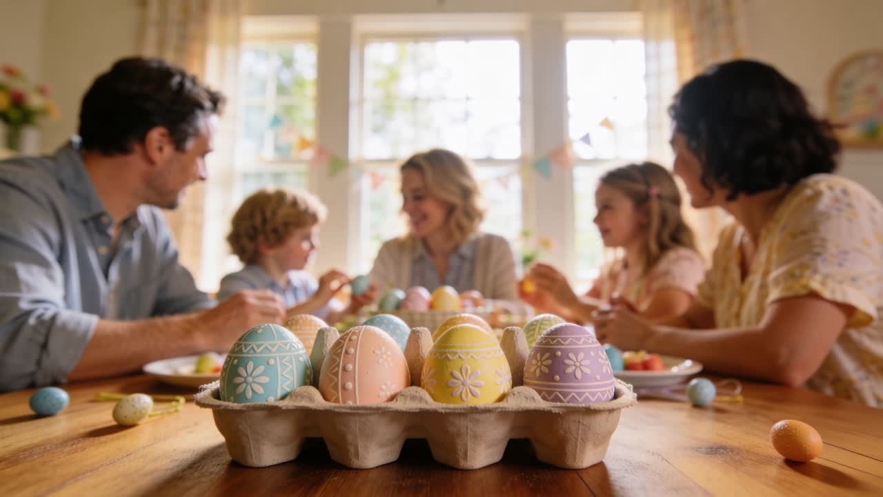 Parents and children spotting pastel egg carton, leaning forward, picking eggs, sharing for holiday