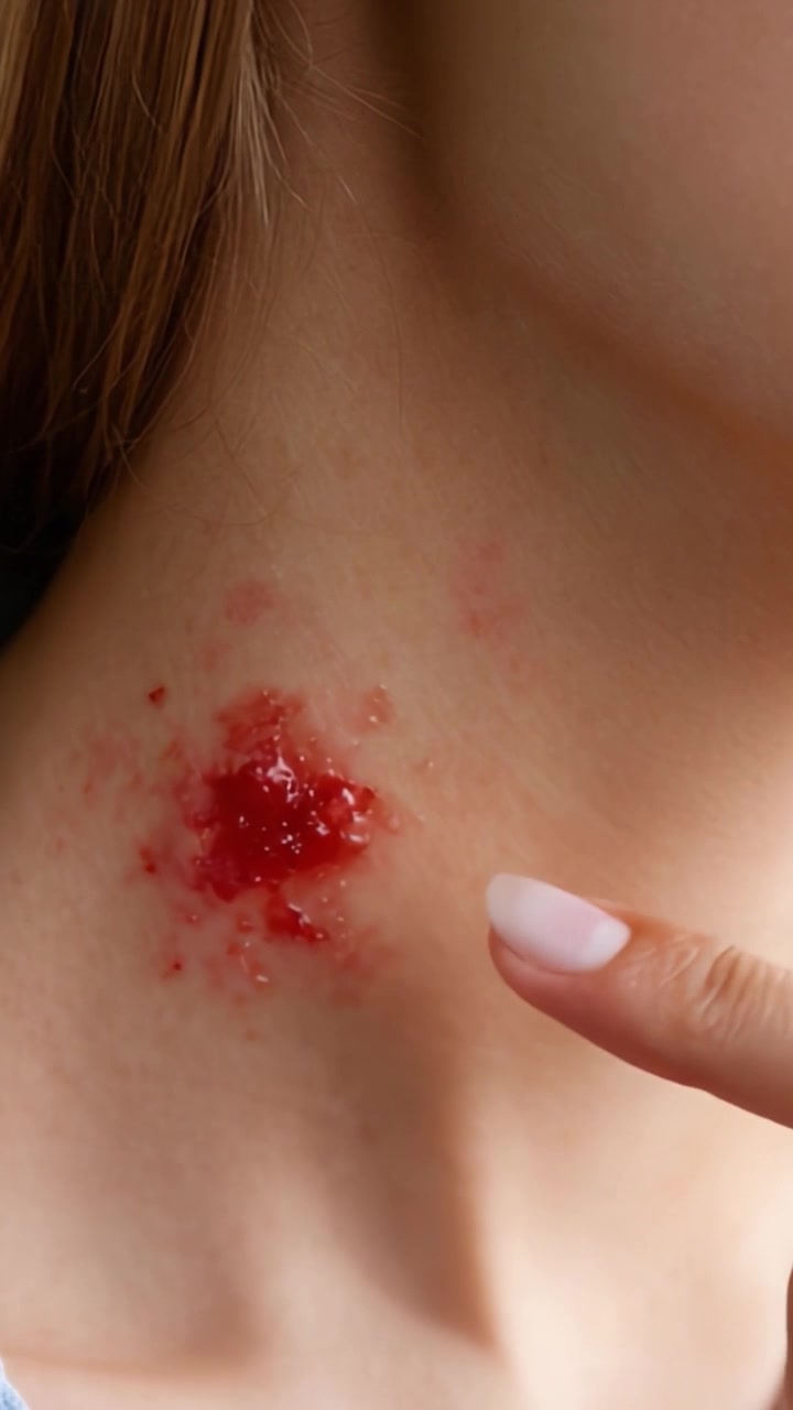 Close-up Examination of Skin Condition: Highlighting a Red, Inflamed Area with Blood Residue on the Neck, Indicating Possible Injury or Infection from an Underlying Issue