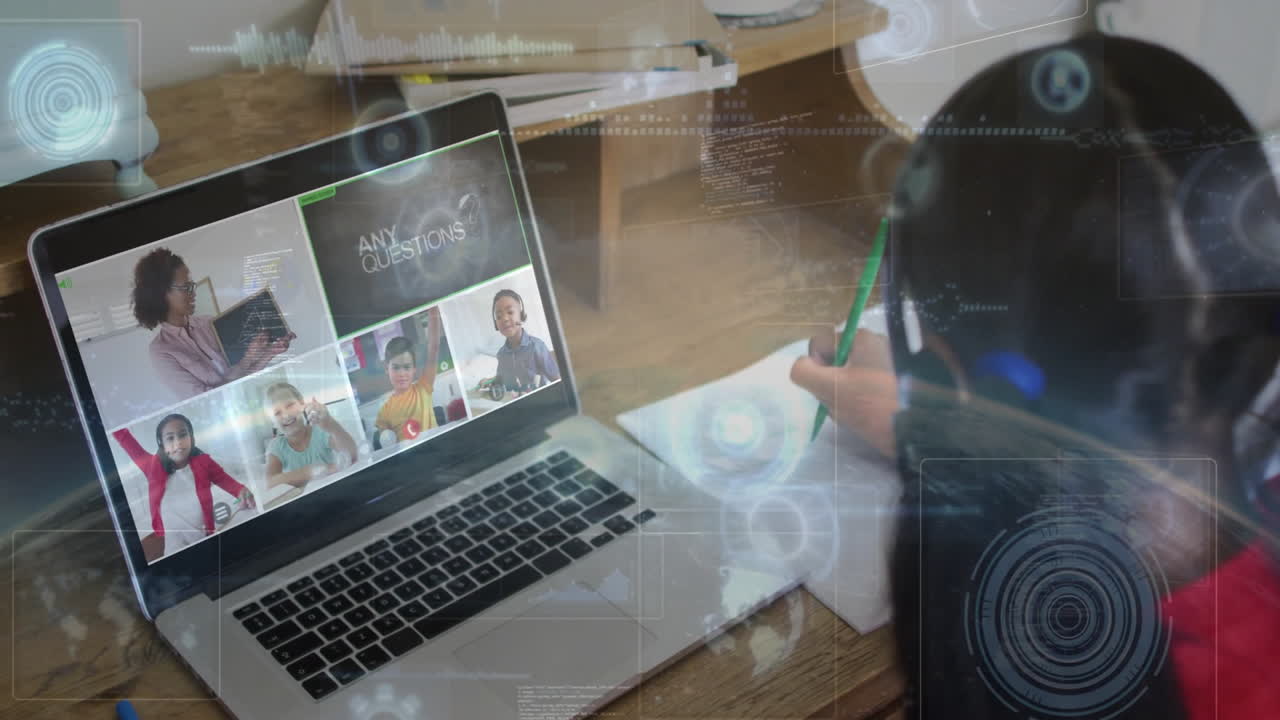 Child participating in online class with digital data processing animation overlay