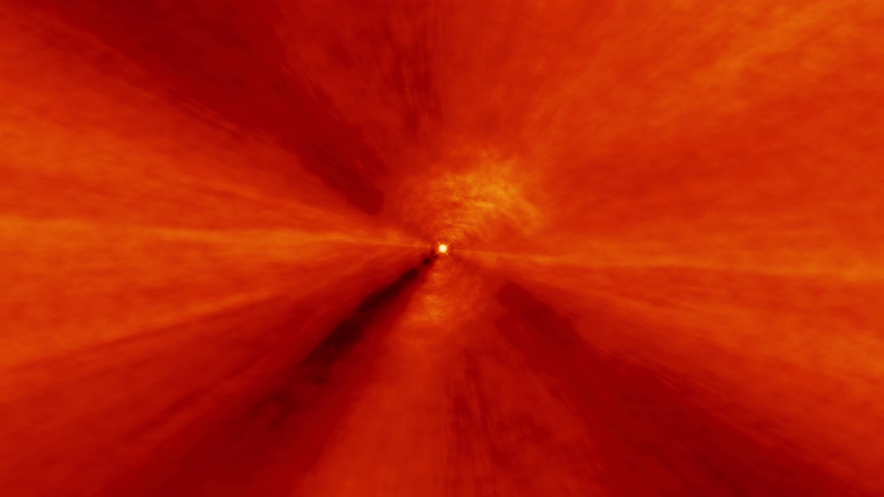 오렌지색 은 구름 홀 터널을 통해 공간 시간 소용돌이 루프 배경으로 우주 비행 하이퍼스페이스에서 홀을 통해 공상과학 3d 렌더링 별간 여행 추상적인 구름 별간 비행