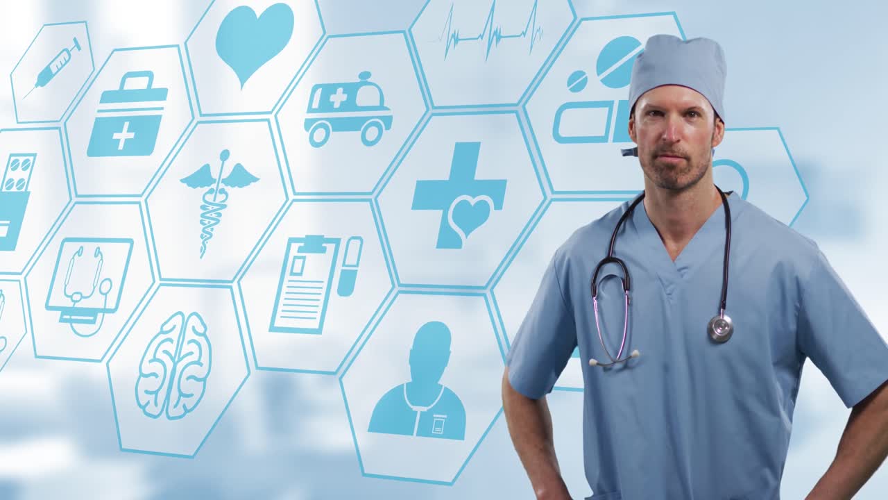 Animation of caucasian male doctor over medical icons