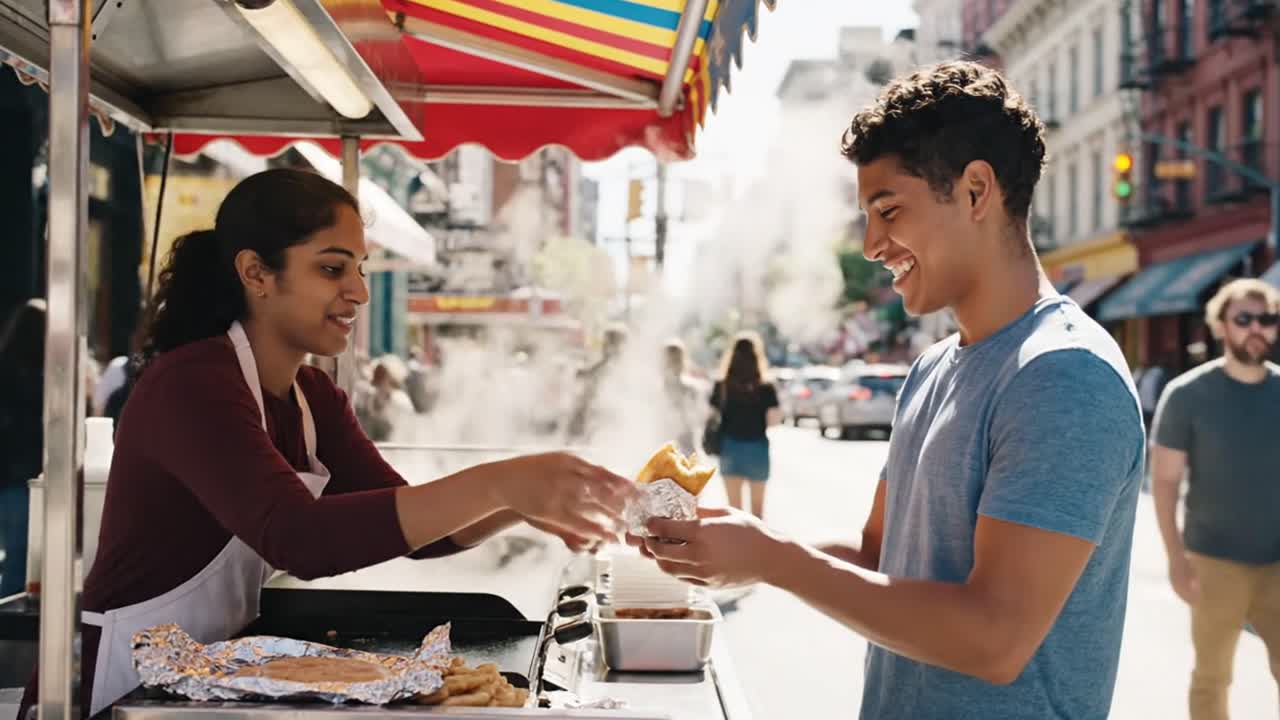 Venditore di street food che serve un cliente a New York