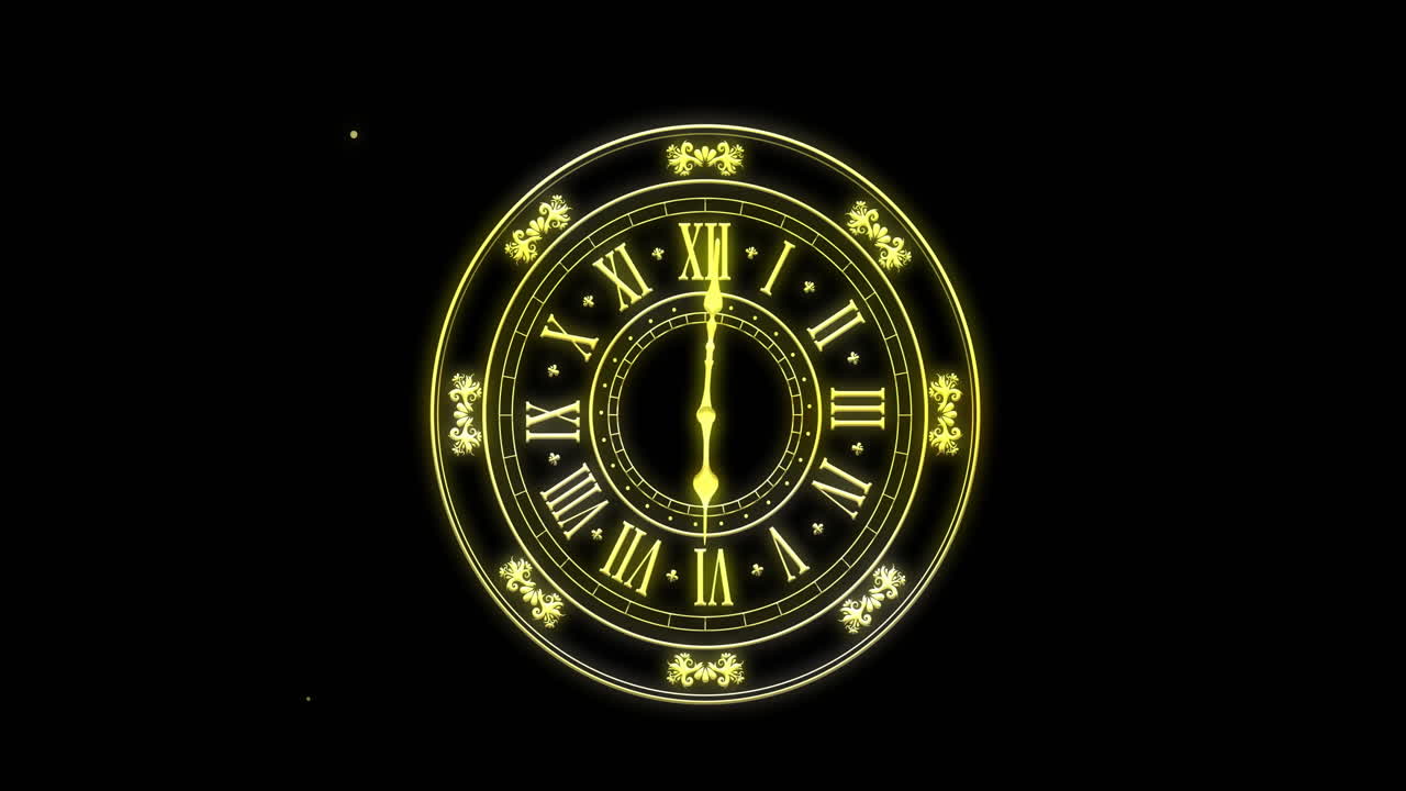 Animation of clock showing midnight and fireworks exploding on black background