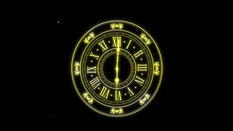 animation of clock showing midnight and fireworks exploding on black background