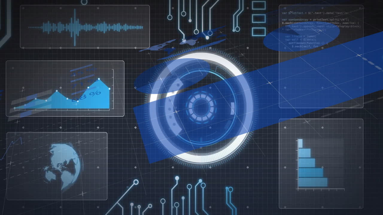 Displaying animation of futuristic digital charts and circuits in blue tones