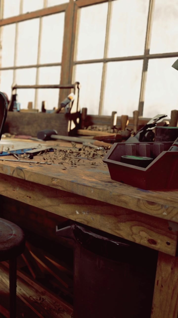 Workshop setting with tools and wood on a workbench during the day
