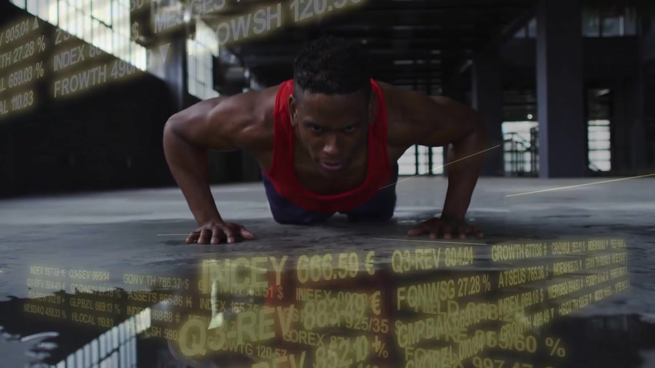 Male athlete starting pushups from floor beside puddle, market ticker sweeping across for training