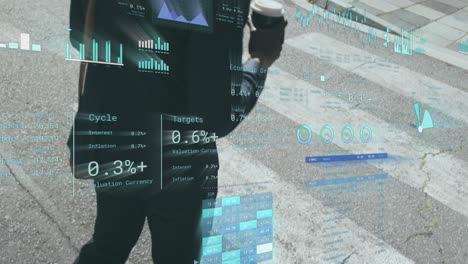 animación del procesamiento de datos financieros sobre el hombre que cruza la calle.