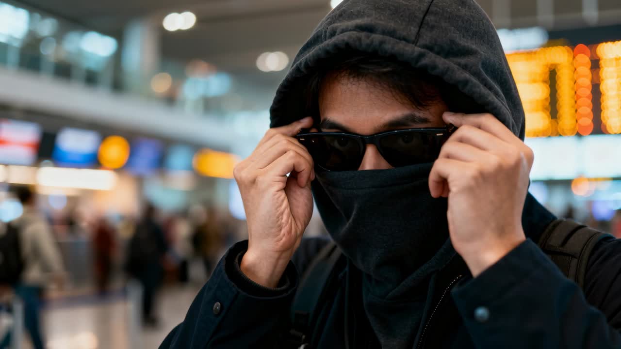 Tirando su la maschera, un viaggiatore asiatico con la felpa si sistema gli occhiali da sole, quindi si copre il viso vicino al tabellone dei voli.