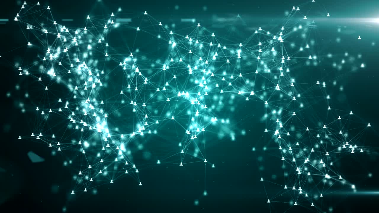 соединение людей в интернете, узлы, превращающиеся в форму карты мира, связь в социальных сетях