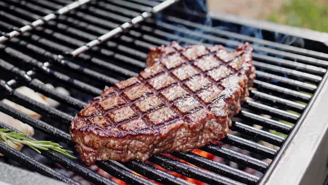 Video ravvicinato di una bistecca perfettamente grigliata su un barbecue, mostrando un'angolazione dall'alto con lo sfrigolio
