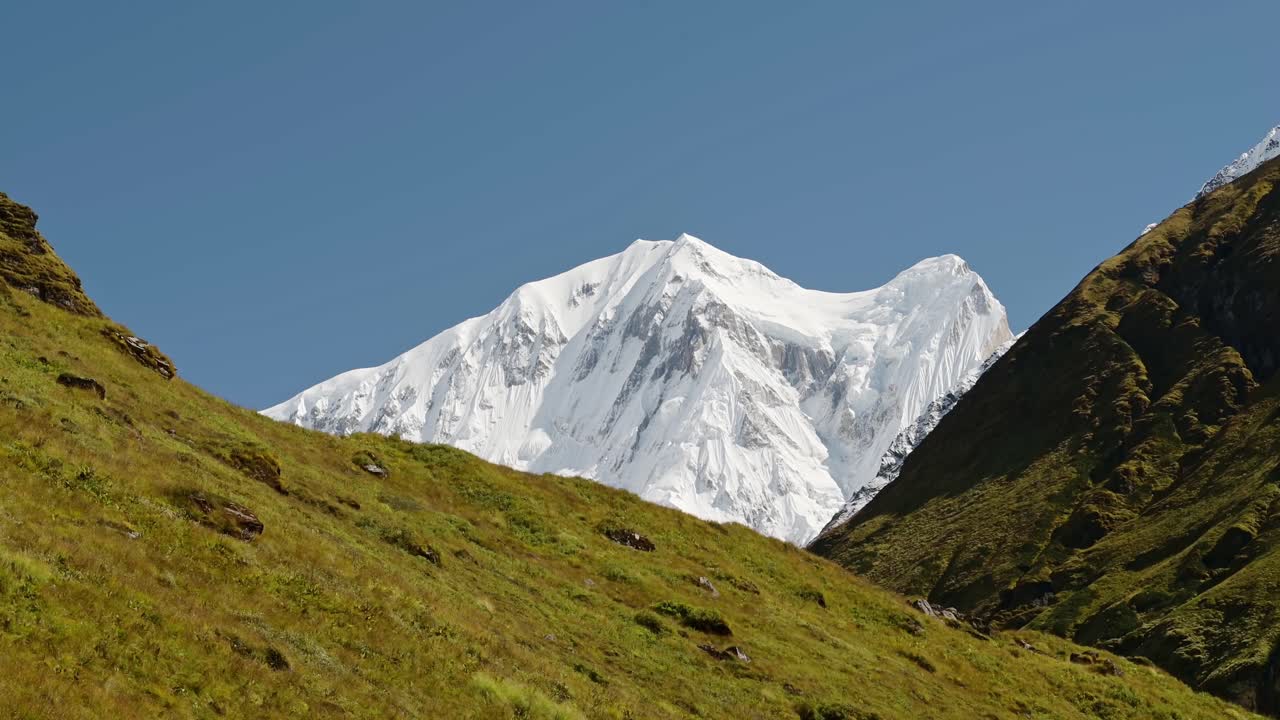 Snowcapped Mountains and Green Scenery with Clear Blue Sky, Snowy Winter Himalayas Mountains in Nepal in Annapurna Mountain Range a Popular Hiking and Trekking Area in Nepal