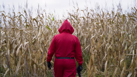 man holding a gun and wearing red squid game character costume walks at the corn field at daytime