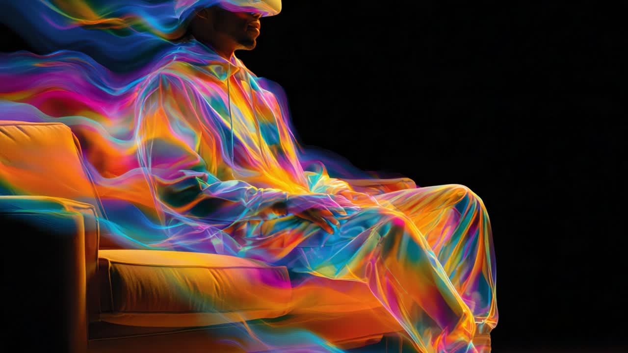 A mesmerizing visual representation of a person immersed in a vibrant and colorful virtual reality experience, showcasing the blend of technology and art in a dynamic form