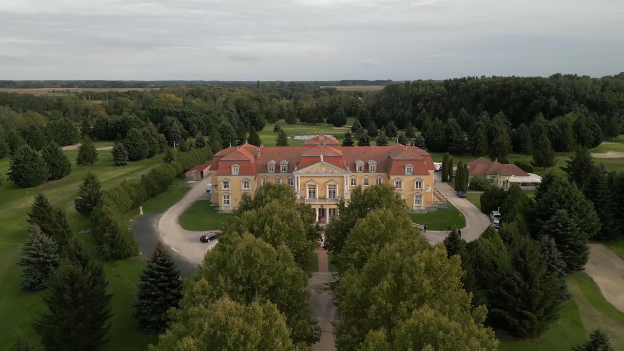 Frontal Cinematic Aerial view of Princess Palace in Hungary, Dunakiliti