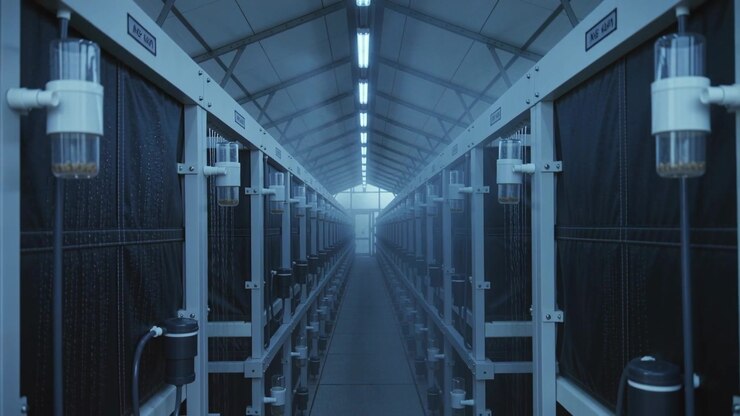 Moving camera revealing central aisle with metal racks and mounted transparent reservoirs and hoses