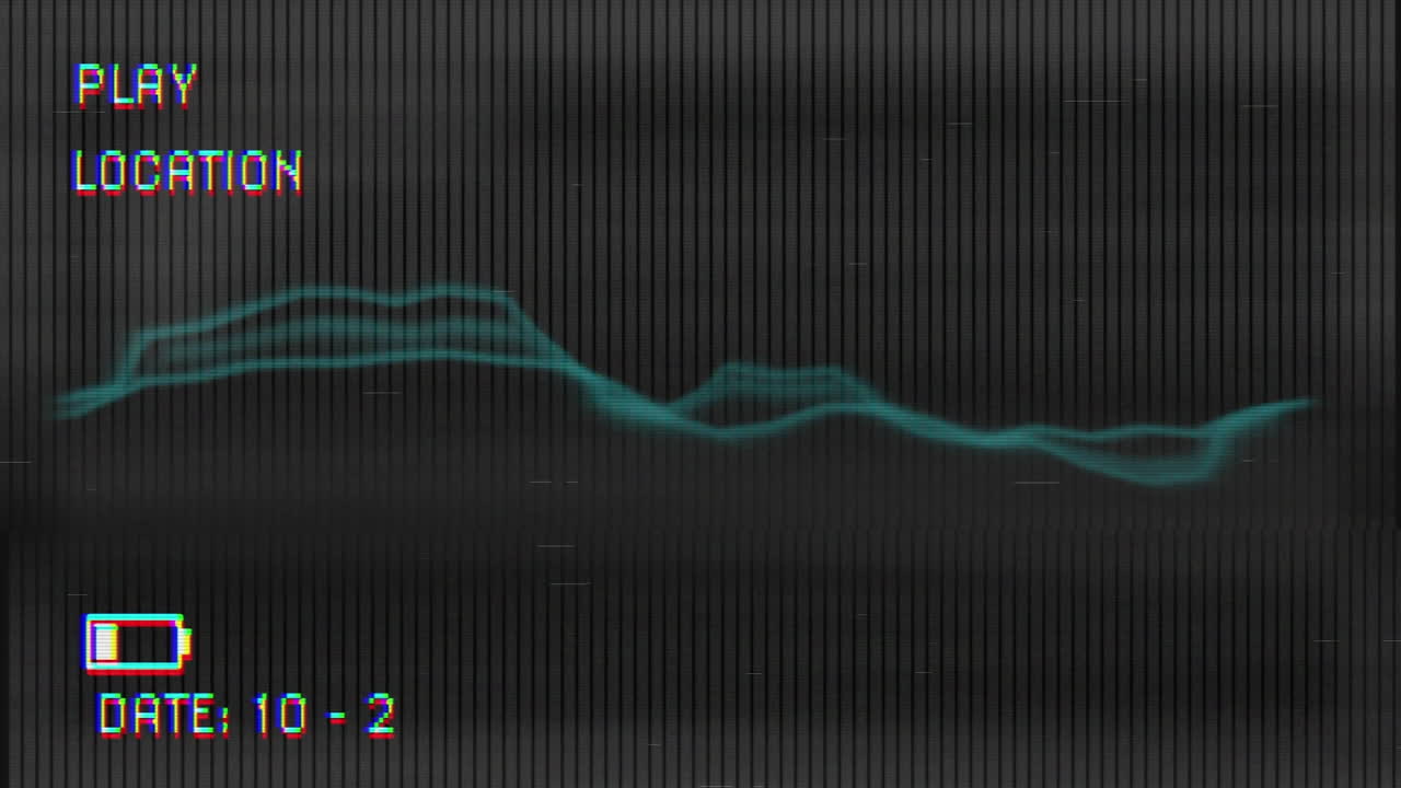 Animation of playback screen, with electrical current and visual interference, on dark background