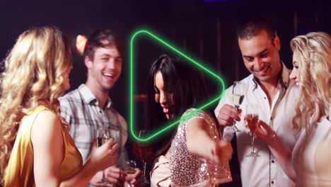 animation of play over happy diverse female and male friends drinking wine and dancing