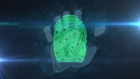 digital animation of human hand scanning over biometric fingerprint scanner against blue background