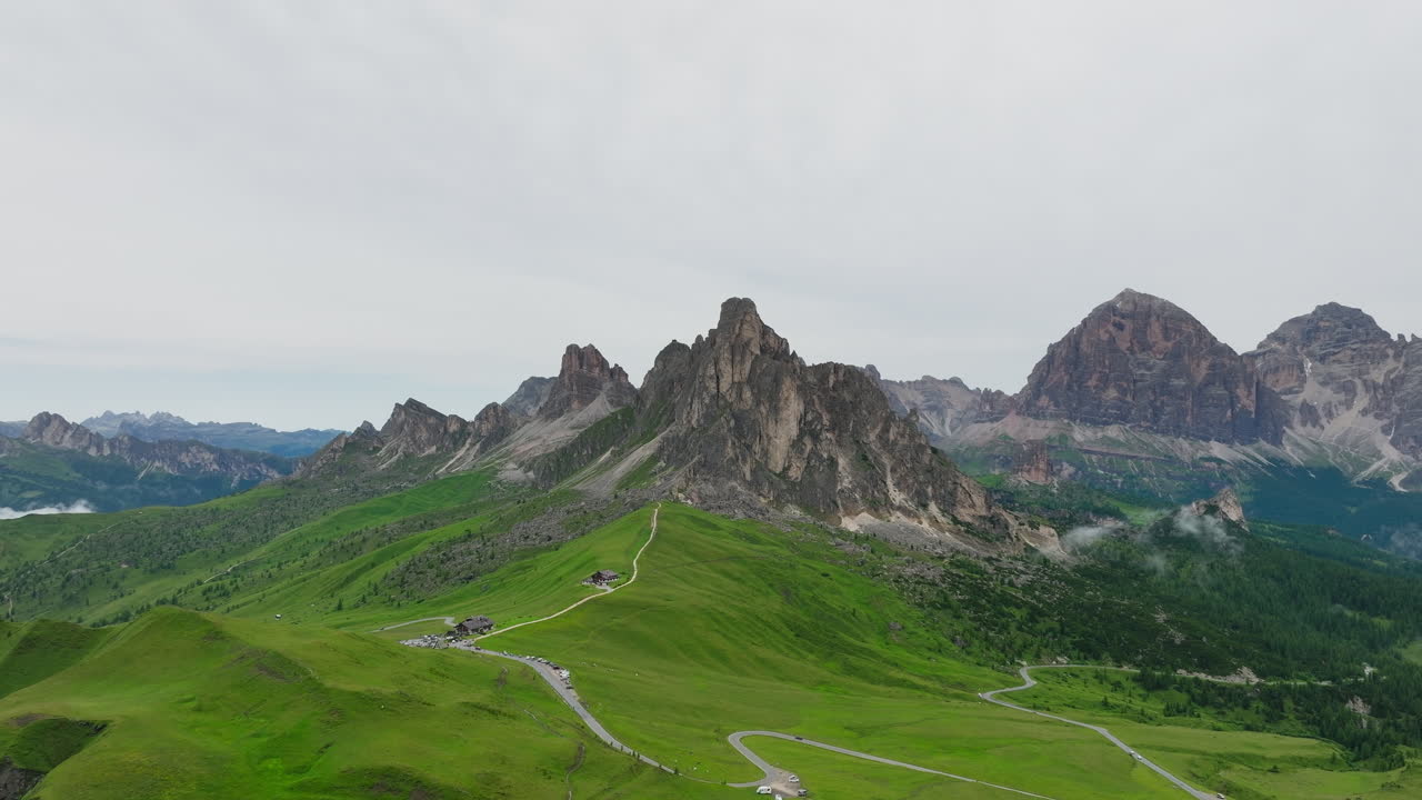 Panoramic drone shot of Giau Pass in Dolomites, Italy