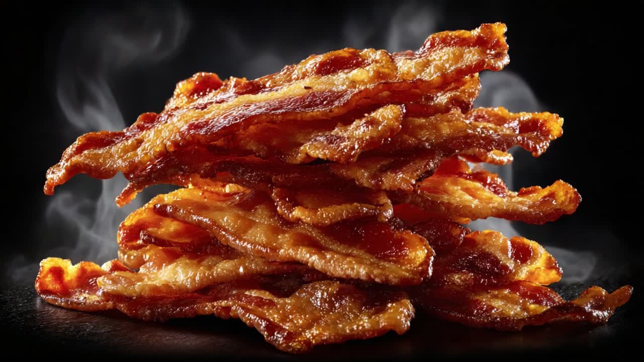 Deliciously Crispy Bacon Stacked High, Steaming and Gloriously Golden, Perfectly Cooked to Treat Your Taste Buds with Rich Flavor and Crunchy Texture
