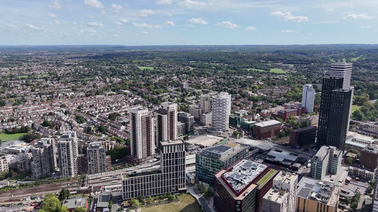Croydon town centre south London UK panning drone,aerial
