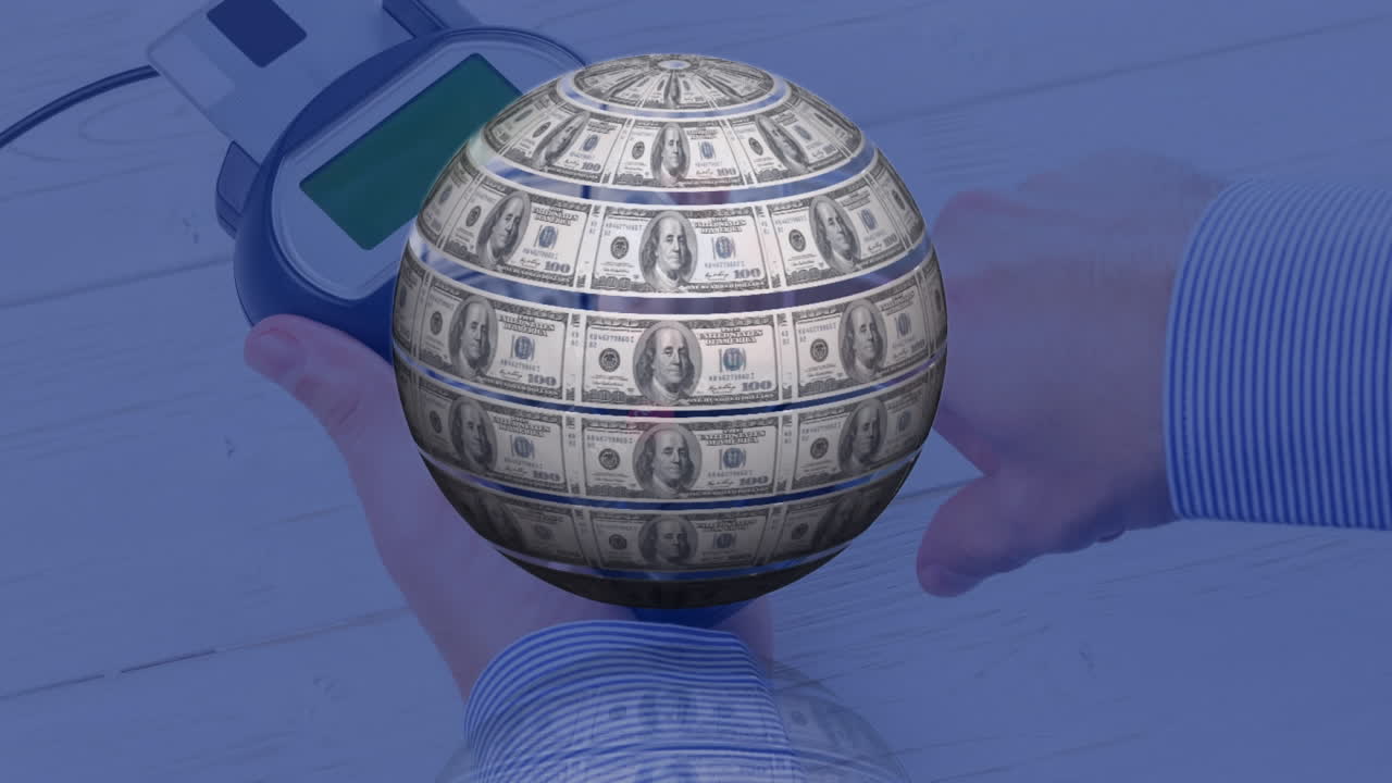animación del globo formado con billetes de dólares estadounidenses a través de la terminal de pago